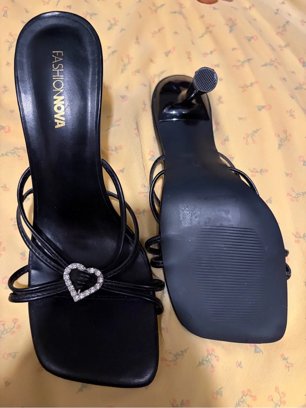Fashion Nova Black Strappy Slide Heels with Rhinestone Heart Accent